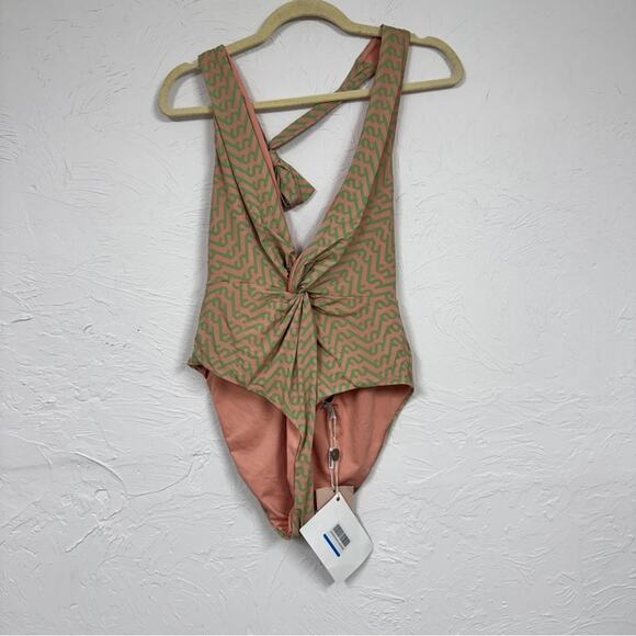 Self Portrait Pink Green Twist Front One Piece Swimsuit Womens 10 Halter NWT - Picture 2 of 9